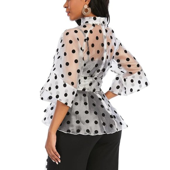 White Boho Womens Polka Dot Belted Organza Top - Picture 3 of 5